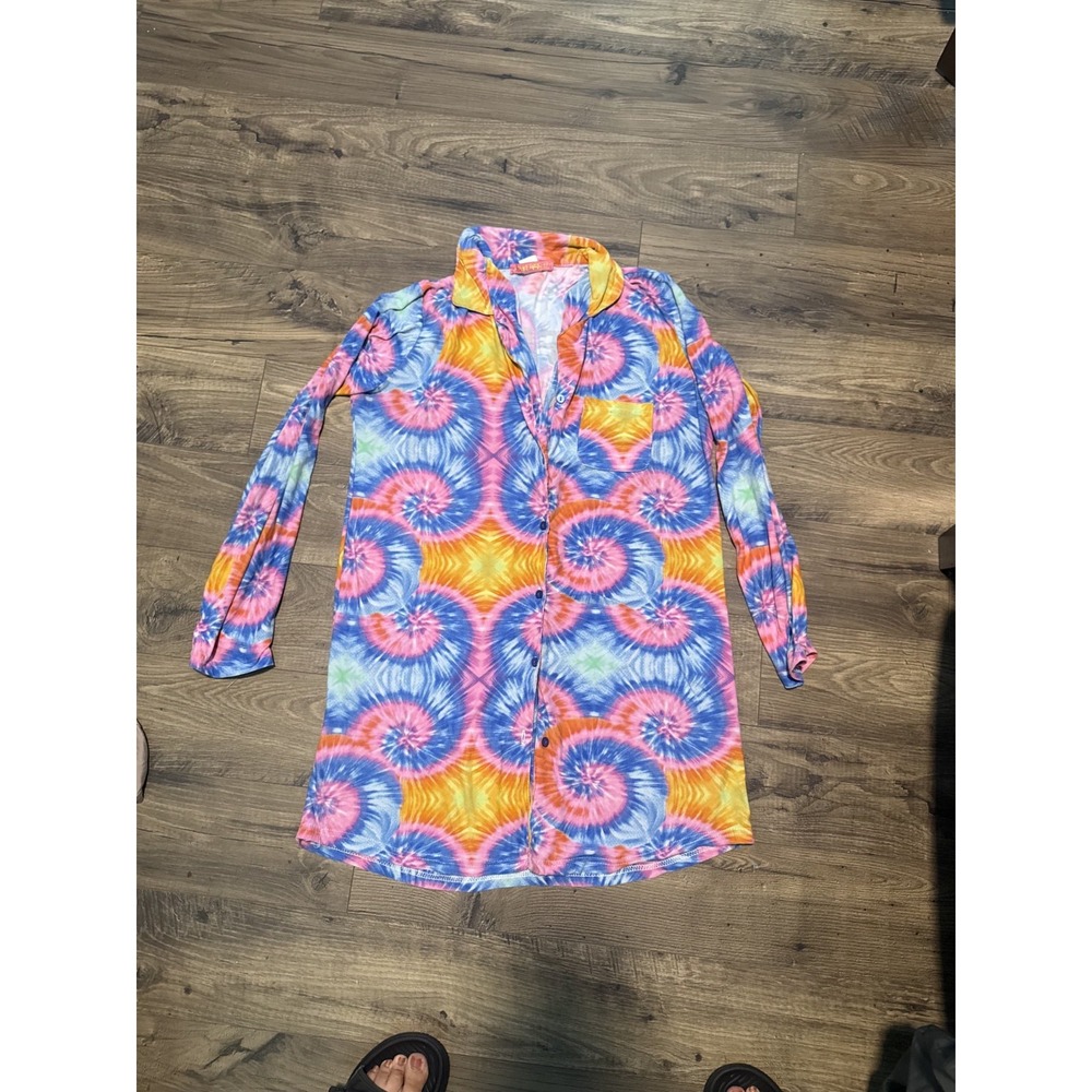 5 More Minutes Women's Small Tie Dye Button Down Sleep Shirt Pajama Dress Offlin